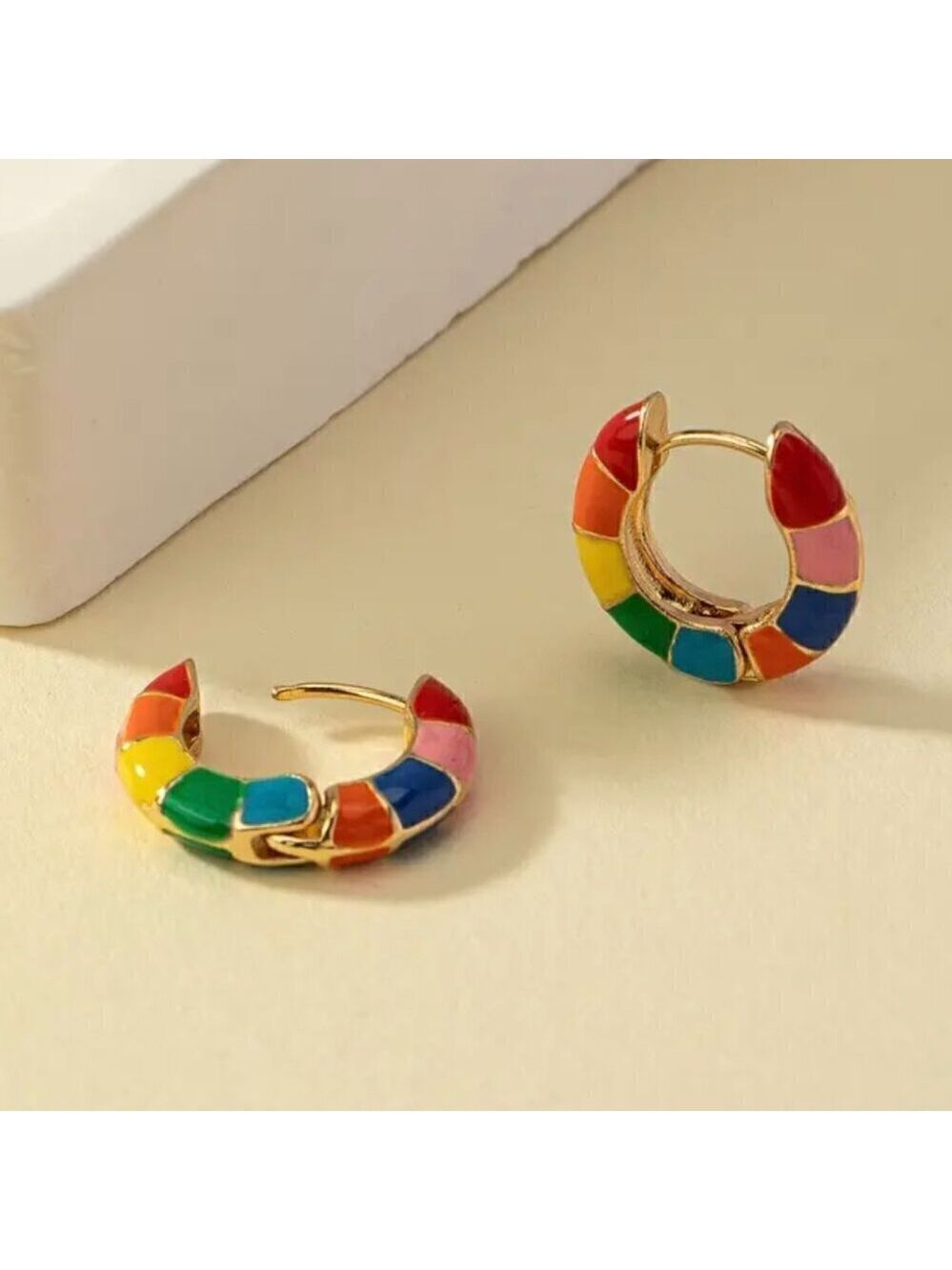 Rainbow Multi-color Enamel Huggie Earrings Medium Hoop #1343 - Picture 6 of 7